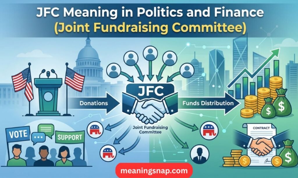 Diagram explaining JFC as Joint Fundraising Committee in political campaign finance with donations connecting to candidate fund distributions.