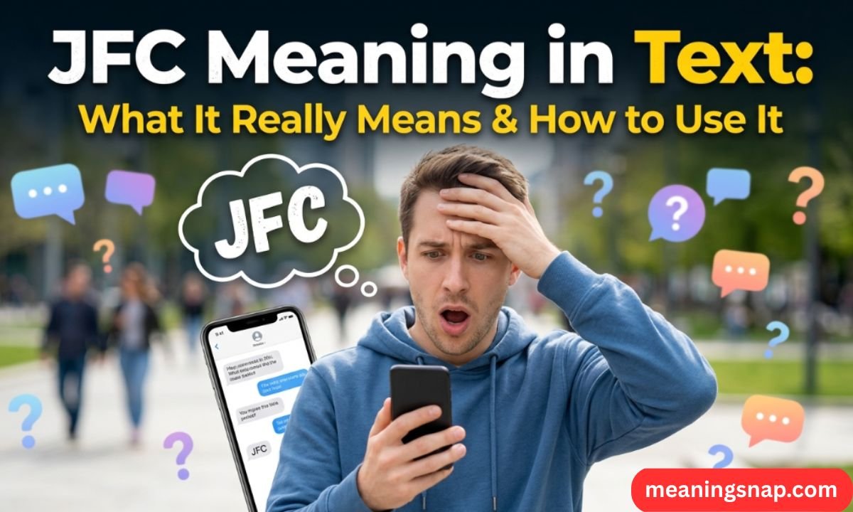 Shocked man holding smartphone outdoors with thought bubble showing JFC under title JFC Meaning in Text: What It Really Means & How to Use It.