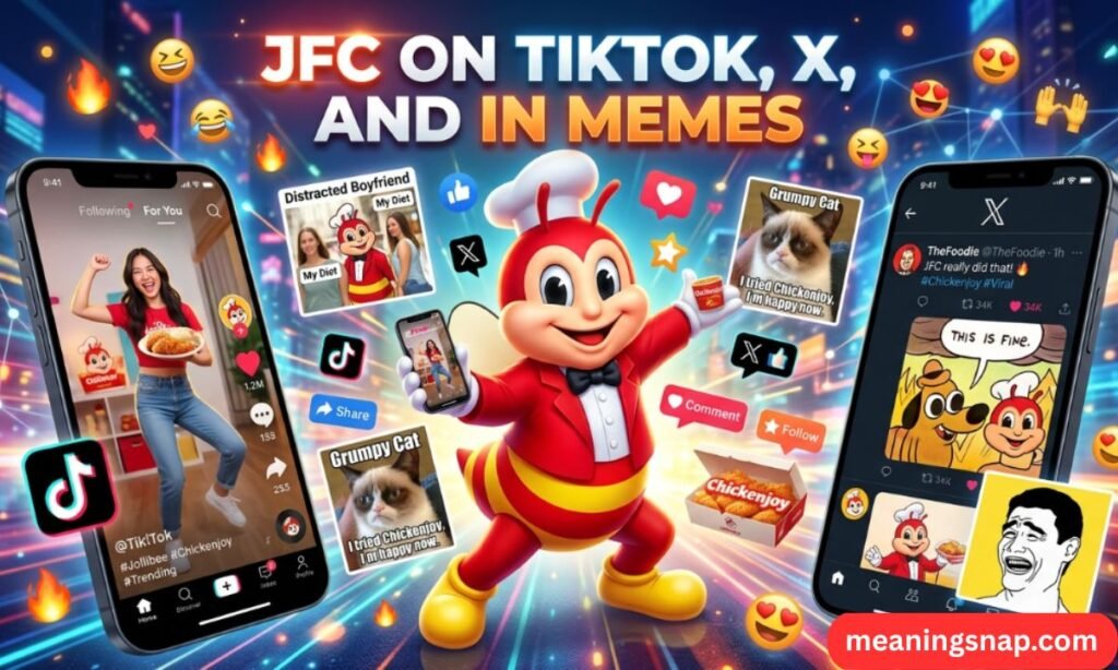 Jollibee mascot surrounded by TikTok, X posts, and JFC fried chicken memes under title JFC ON TIKTOK, X, AND IN MEMES.