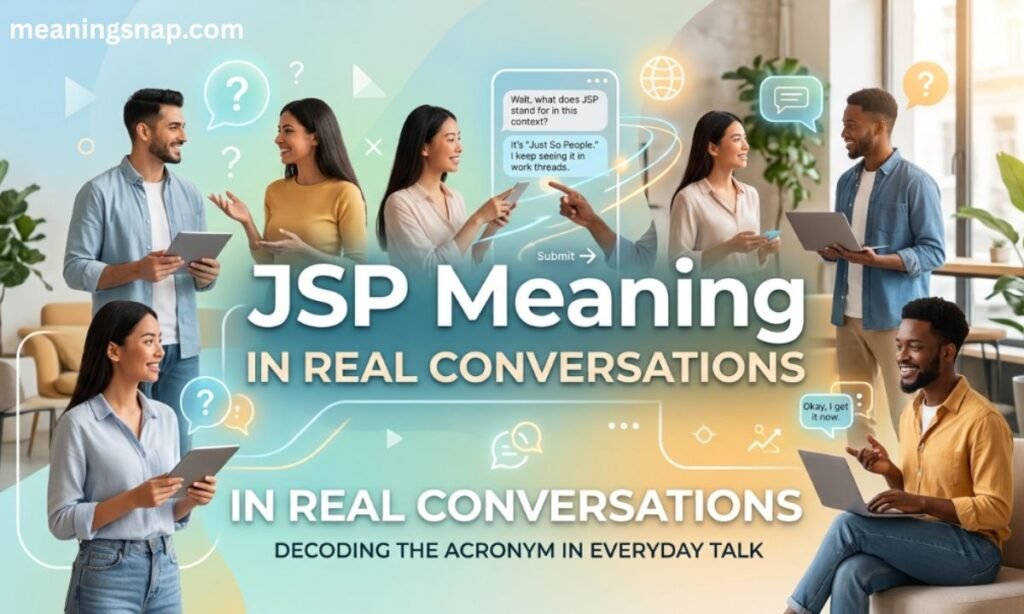 People in an office setting chatting and using laptops next to a phone screen explaining JSP under title JSP Meaning IN REAL CONVERSATIONS.