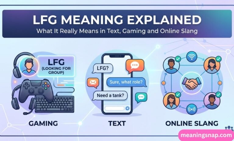Graphic breaking down LFG acronym across gaming, text, and online slang under title LFG MEANING EXPLAINED: What It Really Means in Text, Gaming and Online Slang.