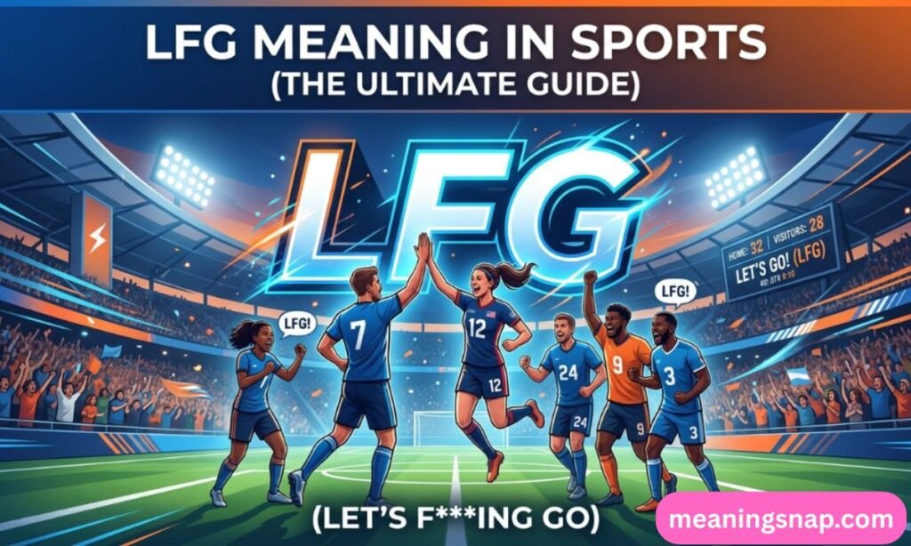 Athletes high-fiving on a soccer field under glowing LFG neon logo in a crowded stadium with title LFG MEANING IN SPORTS (THE ULTIMATE GUIDE).