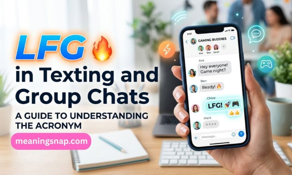 Hand holding a smartphone displaying a group chat where Chloe sends LFG! under title LFG in Texting and Group Chats: A Guide to Understanding the Acronym.