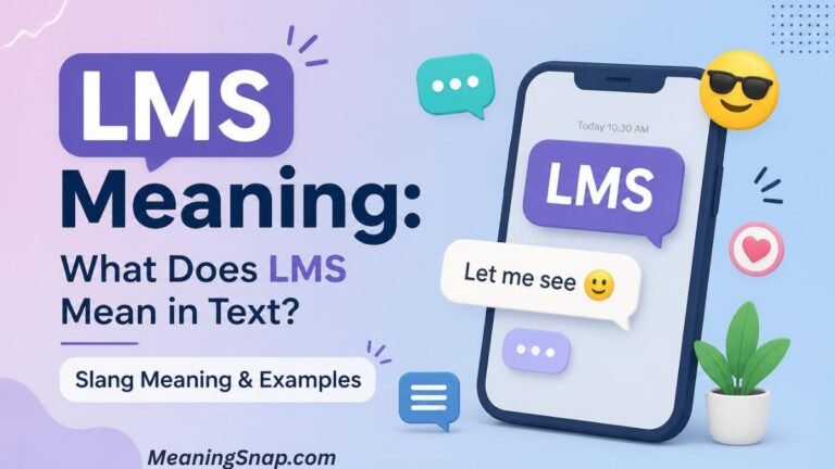 Graphic explaining LMS meaning in text with a smartphone showing "Let me see" and chat bubble icons.