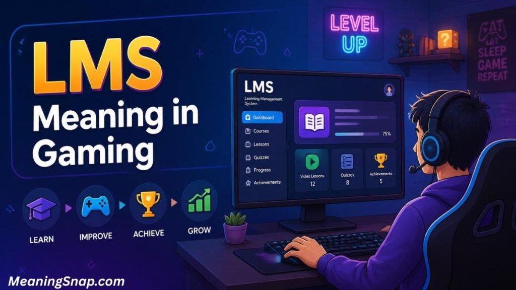 Gamer at a desk facing a screen showing a learning management system dashboard beside text reading "LMS Meaning in Gaming."