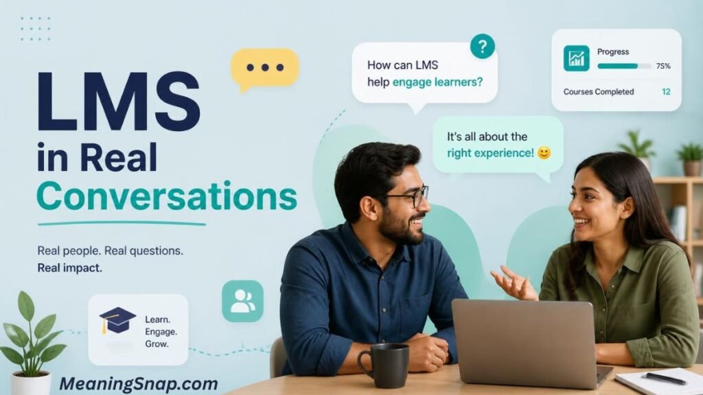 Two colleagues discussing a laptop beside text reading "LMS in Real Conversations" with progress graphics and chat bubbles.