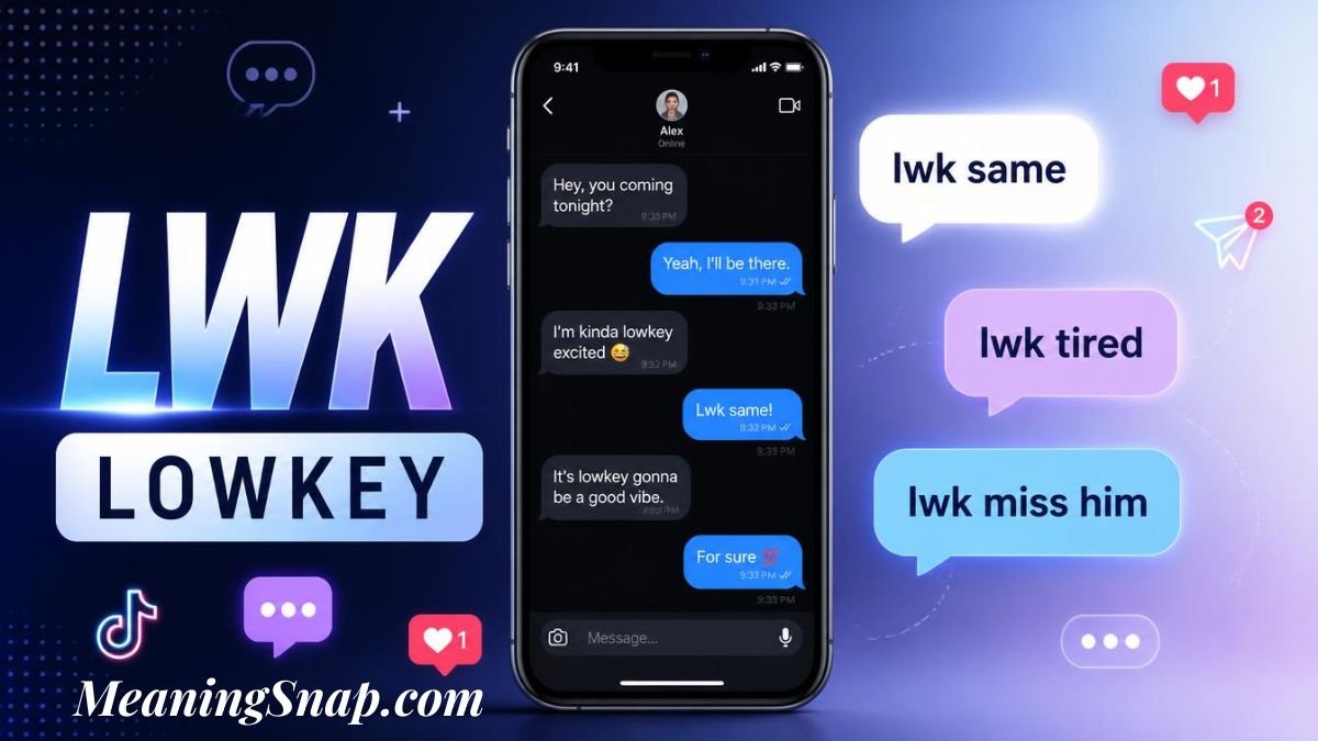 Graphic explaining the lwk meaning titled "LWK LOWKEY", showing a smartphone chat conversation with speech bubbles reading "lwk same", "lwk tired", and "lwk miss him".