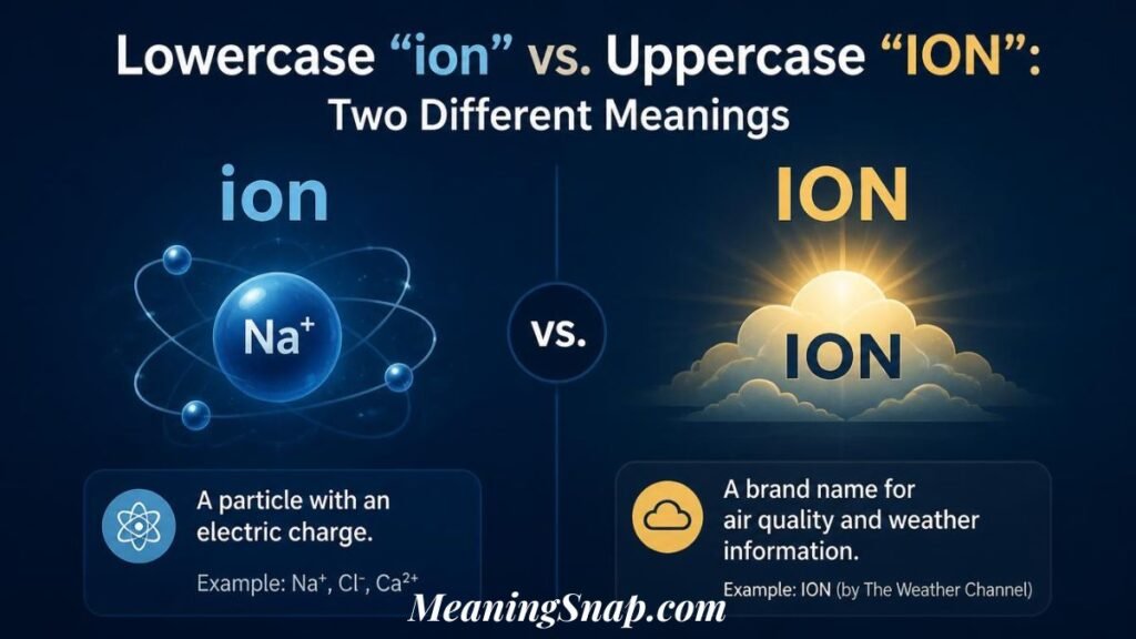 Graphic explaining the ion meaning in text titled "Lowercase 'ion' vs. Uppercase 'ION': Two Different Meanings", comparing an electric particle to a weather information brand.