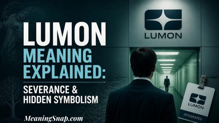Graphic titled "LUMON Meaning Explained: Severance & Hidden Symbolism" depicting a businessman viewed from behind standing outside a Lumon Industries hallway.
