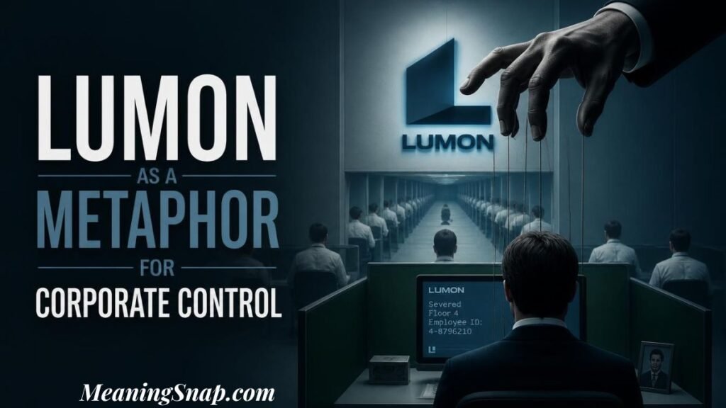 Graphic titled "LUMON AS A METAPHOR FOR CORPORATE CONTROL" showing office workers controlled like puppets by a giant hand above a Lumon cubicle floor.