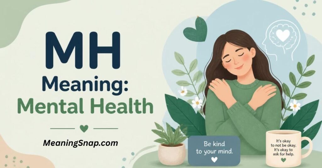 Illustrated woman hugging herself gently amid green foliage next to headline MH Meaning: Mental Health.