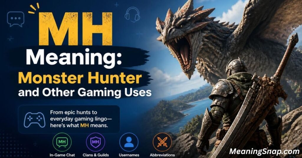 Armored hunter facing a giant roaring dragon under headline MH Meaning: Monster Hunter and Other Gaming Uses.