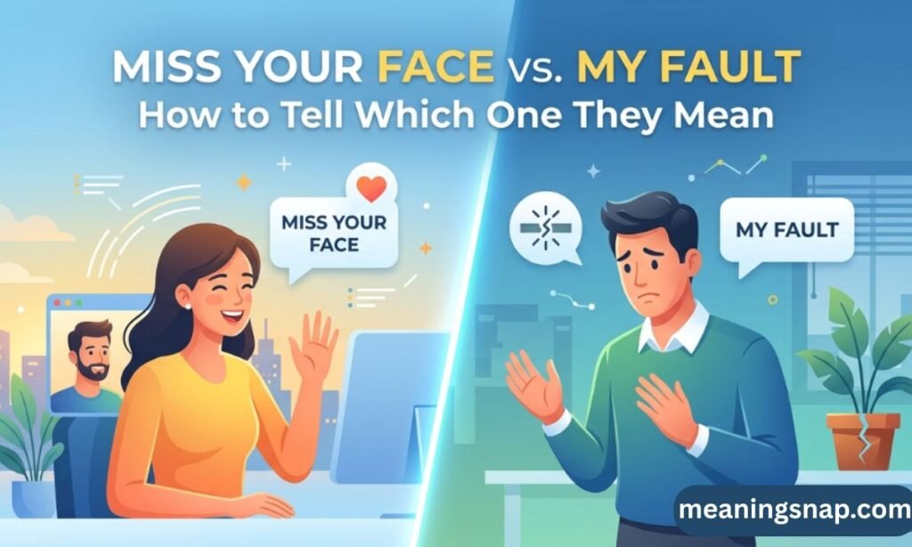 Side-by-side comparison of Miss Your Face vs My Fault interpretations under heading MISS YOUR FACE vs. MY FAULT: How to Tell Which One They Mean.