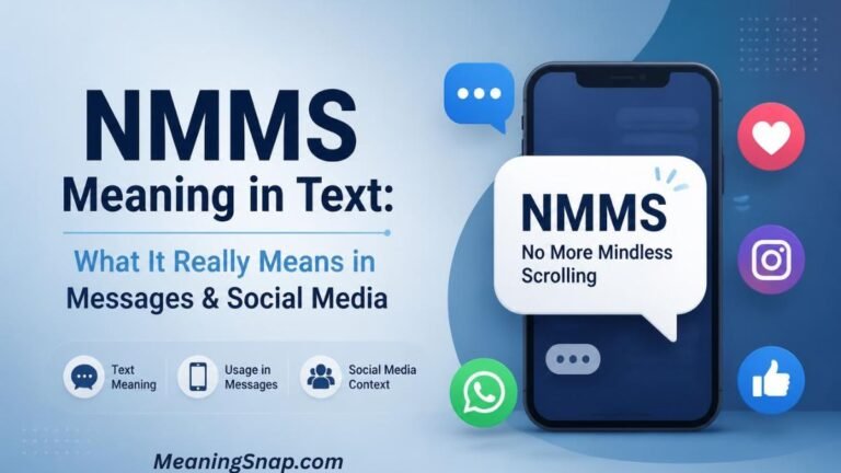 Graphic explaining NMMS meaning in text with a smartphone showing "No More Mindless Scrolling" and social media icons.