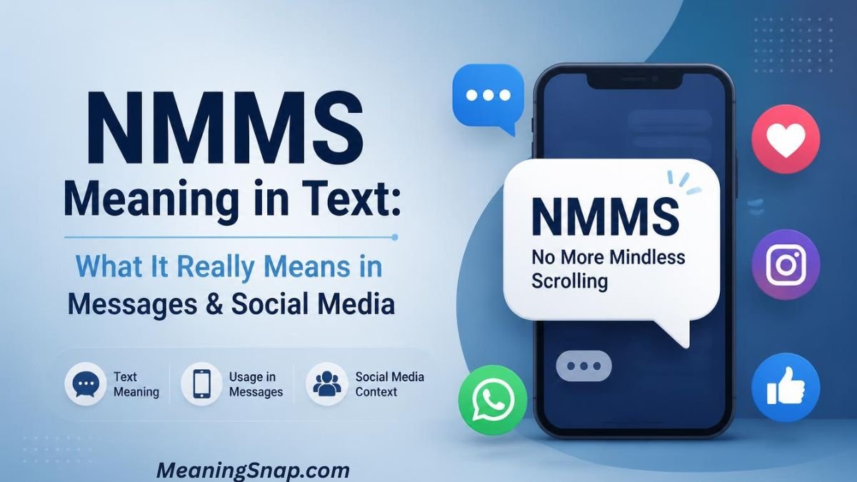 Graphic explaining NMMS meaning in text with a smartphone showing "No More Mindless Scrolling" and social media icons.