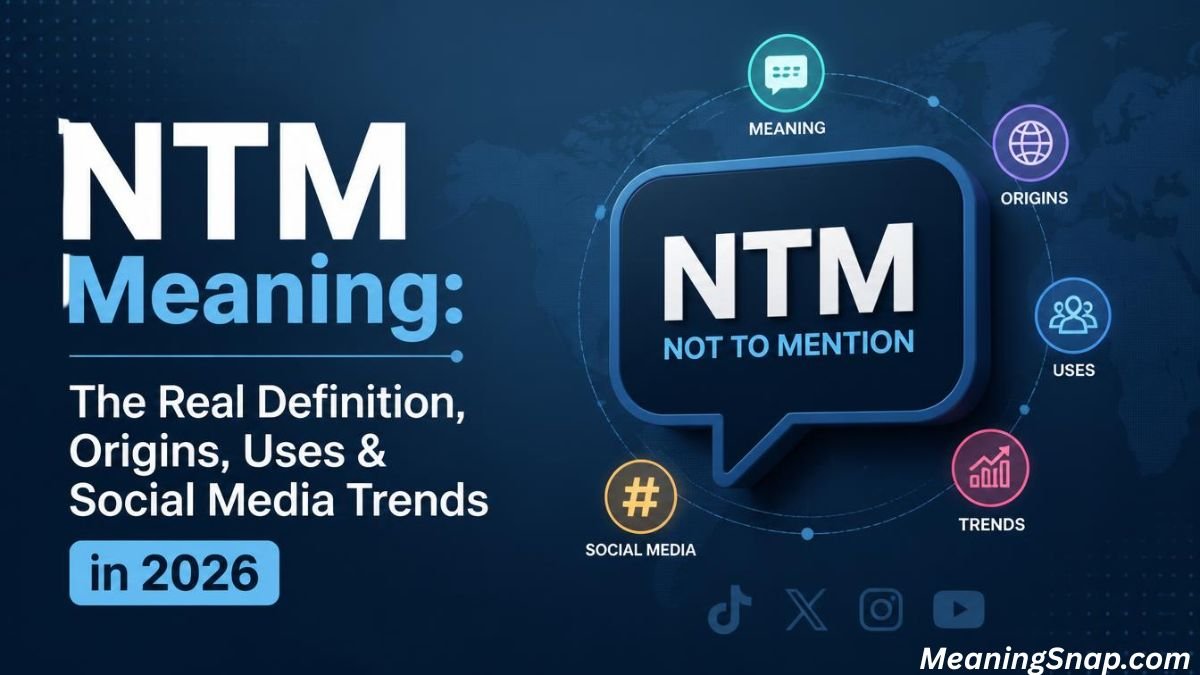 Graphic explaining NTM meaning as "Not To Mention" with social media icons and trend indicators on a dark blue background.