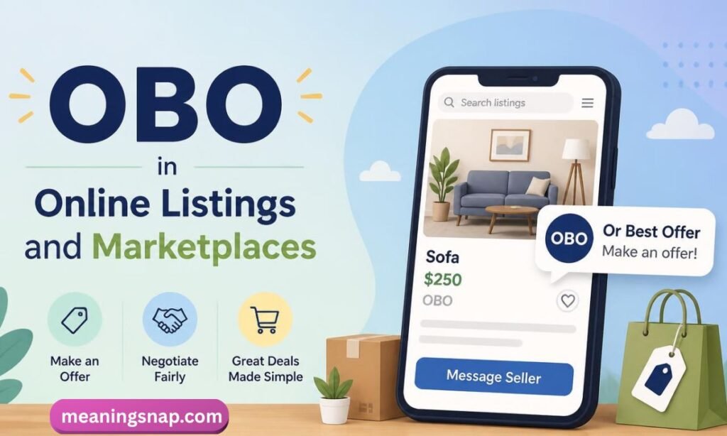 Smartphone displaying an online marketplace sofa listing priced at $250 OBO next to feature badges under title OBO in Online Listings and Marketplaces.