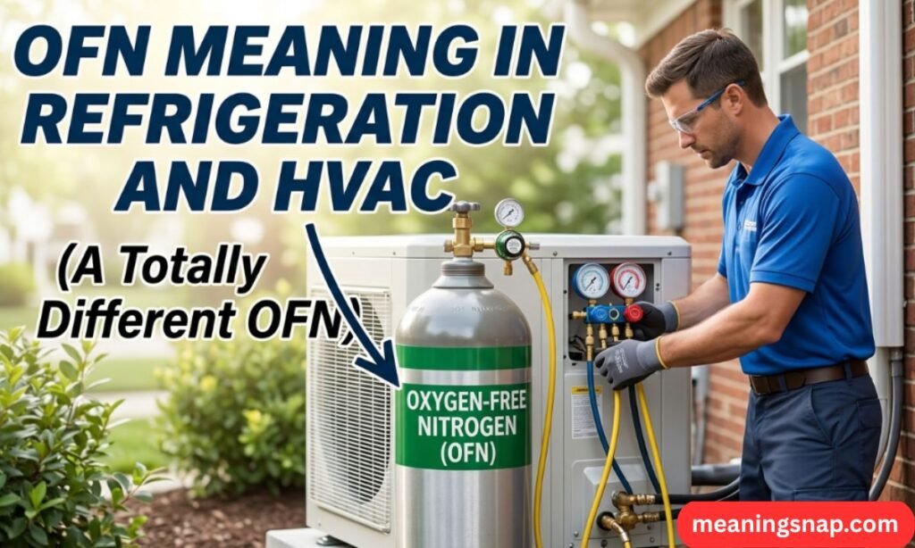 HVAC technician connecting nitrogen tank labeled Oxygen-Free Nitrogen (OFN) to AC unit under headline OFN MEANING IN REFRIGERATION AND HVAC.