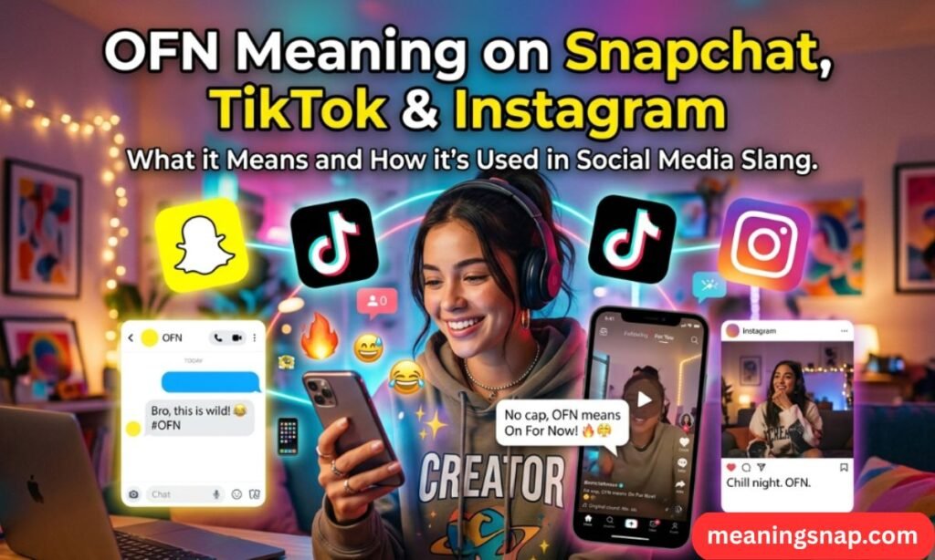 Girl smiling with phone surrounded by Snapchat, TikTok, and Instagram mockups under title OFN Meaning on Snapchat, TikTok & Instagram.
