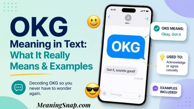 Infographic explaining OKG meaning in text with a smartphone showing an iMessage chat containing OKG and definition bubbles.