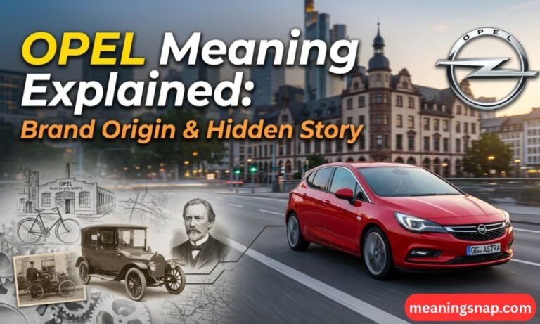Red Opel hatchback driving on a city road next to vintage brand heritage sketches under title OPEL Meaning Explained: Brand Origin & Hidden Story.