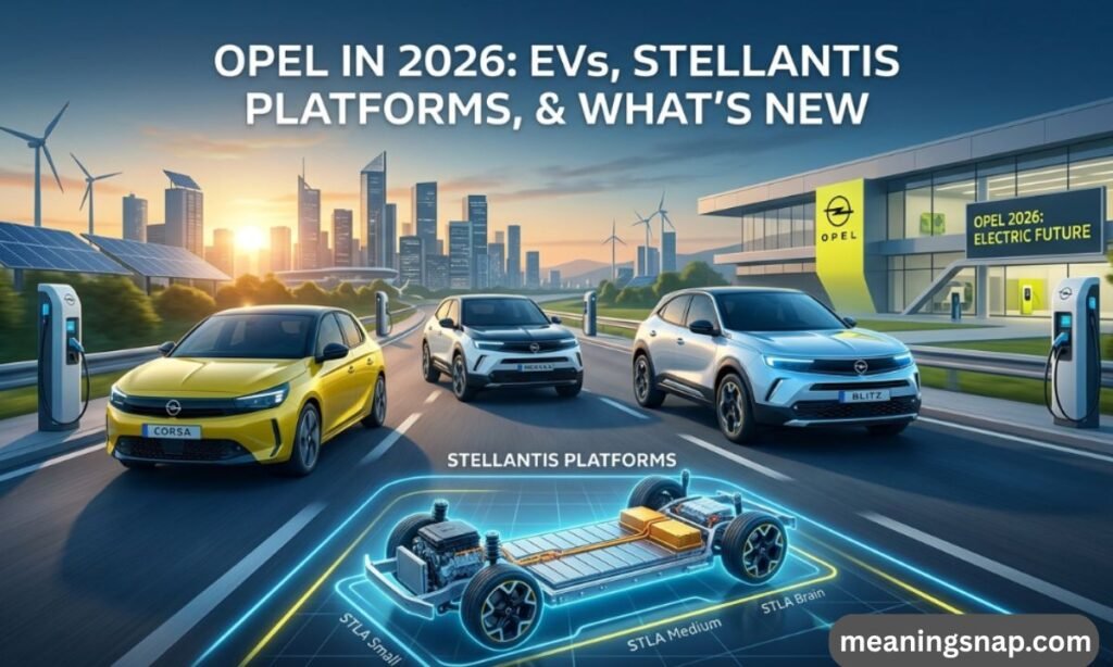 Modern Opel electric vehicles parked outside a dealership next to a Stellantis EV platform diagram under title OPEL IN 2026: EVs, STELLANTIS PLATFORMS, & WHAT'S NEW.