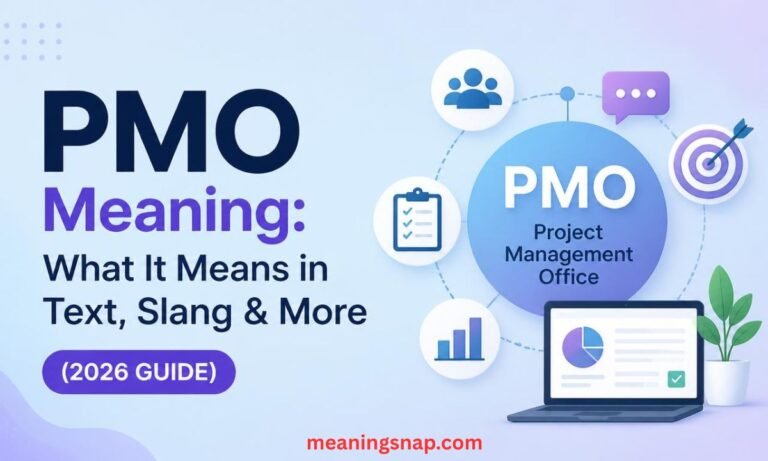 Laptop displaying analytics dashboard next to Project Management Office icons under headline PMO Meaning: What It Means in Text, Slang & More (2026 GUIDE).