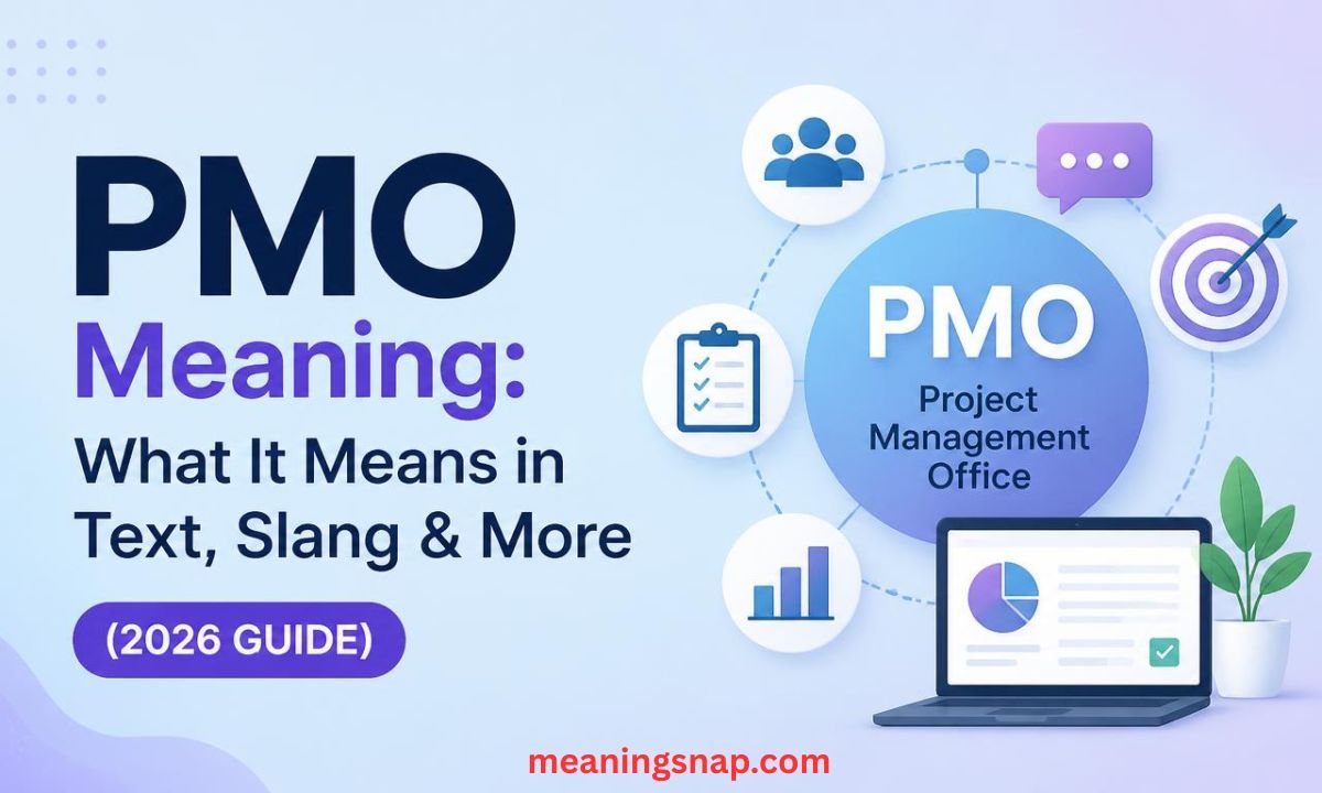 Laptop displaying analytics dashboard next to Project Management Office icons under headline PMO Meaning: What It Means in Text, Slang & More (2026 GUIDE).