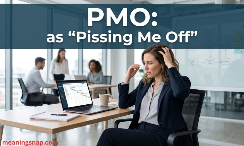 Frustrated businesswoman holding her head at an office desk in front of a laptop showing project timelines under title PMO: as "Pissing Me Off".