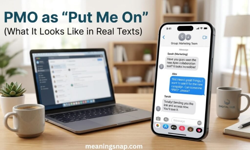 Smartphone showing text exchange requesting access with PMO next to a laptop on a desk under title PMO as "Put Me On" (What It Looks Like in Real Texts).
