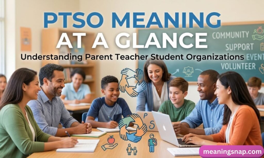 Parents, teachers, and students working together around a table in a classroom under title PTSO MEANING AT A GLANCE: Understanding Parent Teacher Student Organizations.