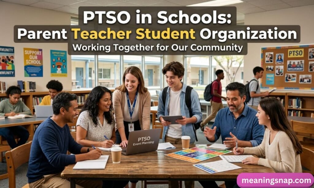 Parents, teachers, and students gathered around a table in a school library planning events under headline PTSO in Schools: Parent Teacher Student Organization.