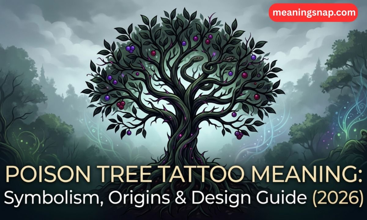 Mystical poison tree with coiled snake and purple berries under title POISON TREE TATTOO MEANING: Symbolism, Origins & Design Guide (2026).