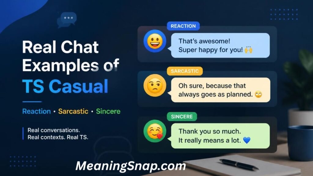 Graphic showing reaction, sarcastic, and sincere message examples beside headline reading "Real Chat Examples of TS Casual."