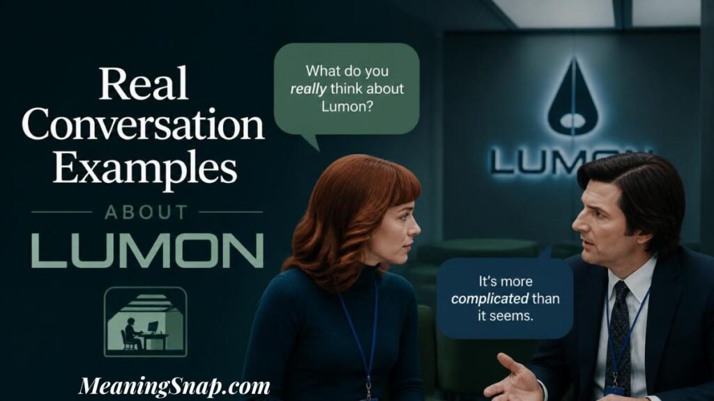 Graphic titled "Real Conversation Examples ABOUT LUMON" showing characters Helly R. and Mark S. talking inside the Lumon office.