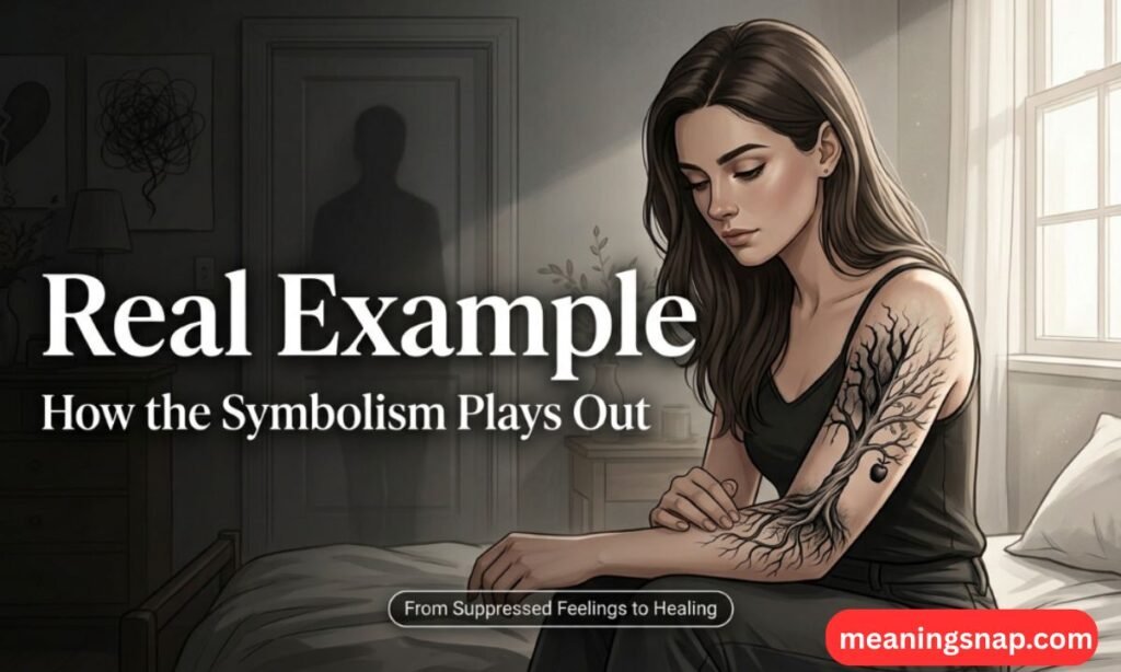 Woman seated on bed looking down at her poison tree arm tattoo under heading Real Example: How the Symbolism Plays Out.