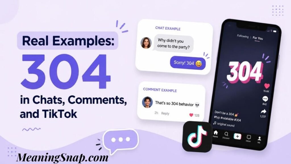 Infographic showing real examples of 304 slang used in text chats, comments, and a smartphone screen displaying TikTok.