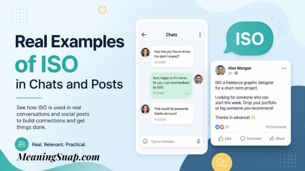 Infographic displaying real examples of ISO in chats and posts, featuring a smartphone messaging screen and a social media status update.