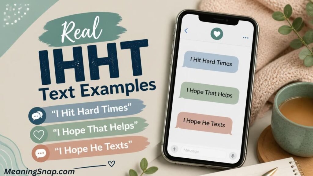 Smartphone showing text options next to three definition badges defining IHHT under title Real IHHT Text Examples.