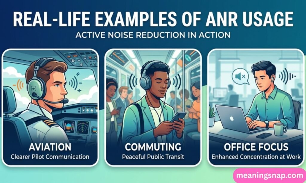 Three-panel graphic showing real-life Active Noise Reduction uses in aviation, commuting, and office environments under title REAL-LIFE EXAMPLES OF ANR USAGE.