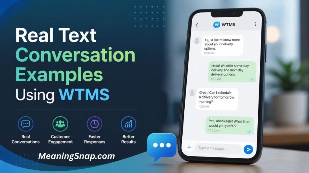 Smartphone screen displaying a customer service chat with WTMS next to text reading "Real Text Conversation Examples Using WTMS."