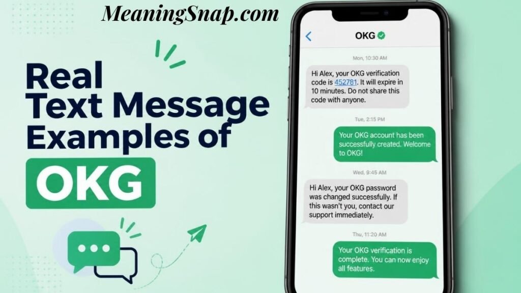 Infographic showing real text message examples of OKG on a smartphone screen displaying automated account notification texts.