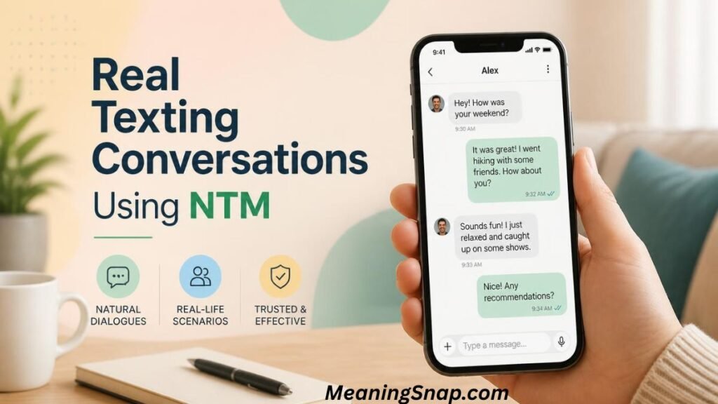 Hand holding a smartphone displaying a text conversation with Alex next to headline text reading "Real Texting Conversations Using NTM."