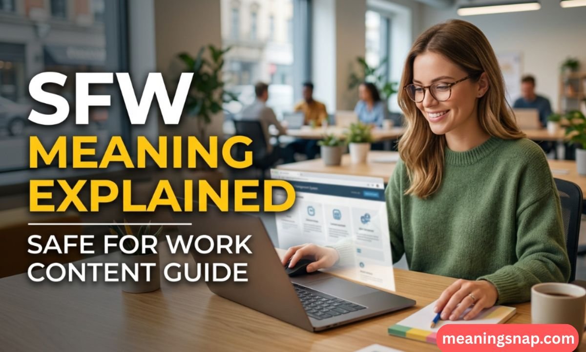 Woman smiling at a laptop in a modern office environment under title SFW MEANING EXPLAINED: SAFE FOR WORK CONTENT GUIDE.