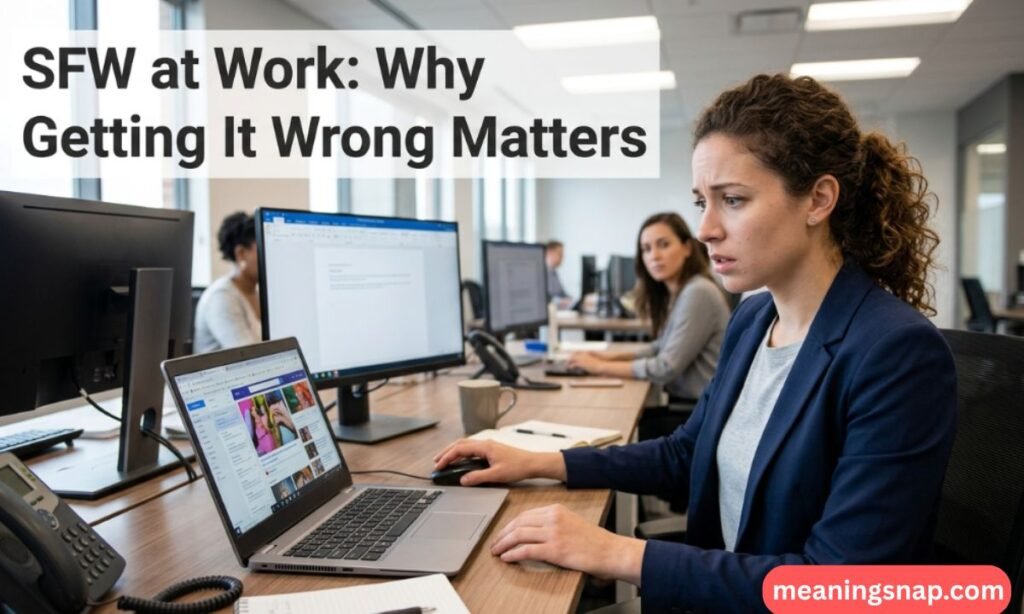 Concerned office employee looking at laptop screen in an open workspace under heading SFW at Work: Why Getting It Wrong Matters.