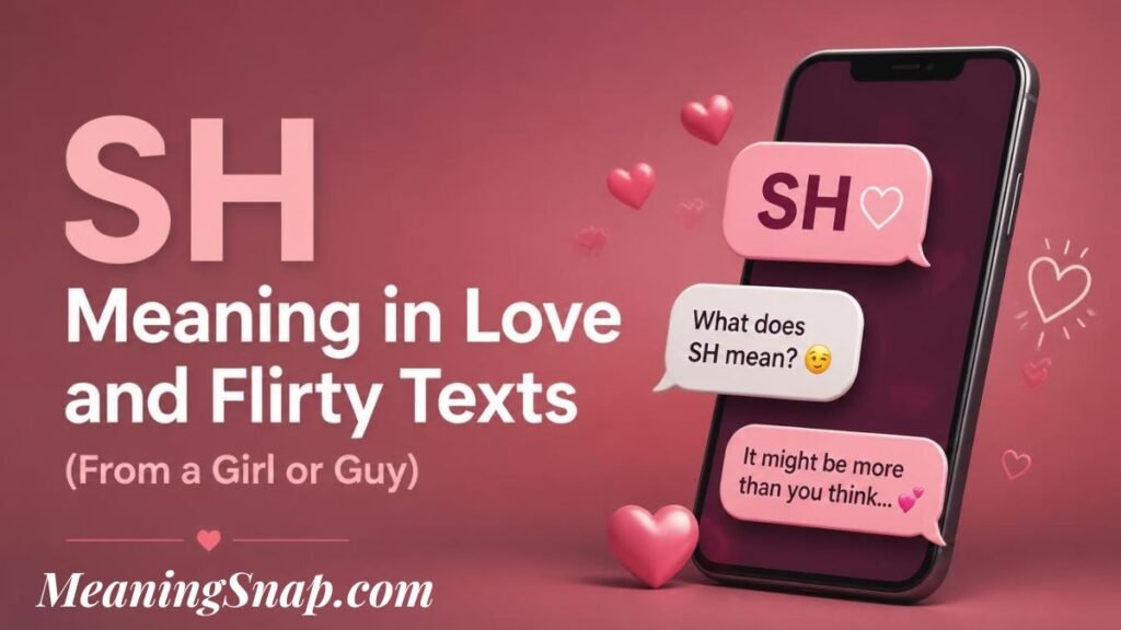 Graphic explaining the sh meaning titled "SH Meaning in Love and Flirty Texts (From a Girl or Guy)", showing a smartphone with romantic speech bubbles reading "SH ♡" and floating 3D hearts.