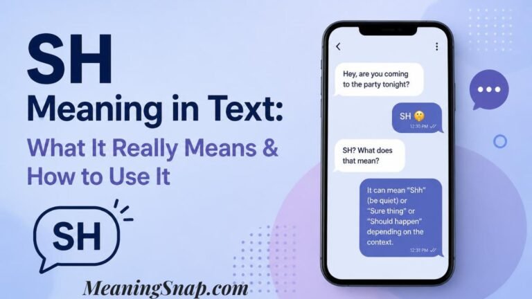 Graphic explaining the sh meaning in text titled "SH Meaning in Text: What It Really Means & How to Use It", showing a smartphone displaying a chat exchange about "SH".