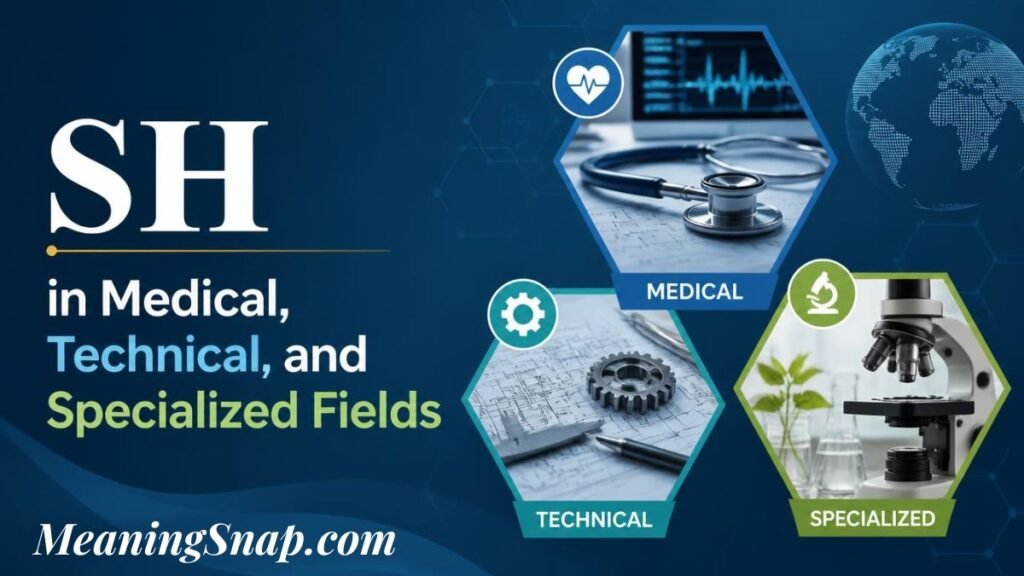 Graphic explaining the sh meaning titled "SH in Medical, Technical, and Specialized Fields", showing hexagonal icons representing medical instruments, engineering gear schematics, and laboratory equipment.