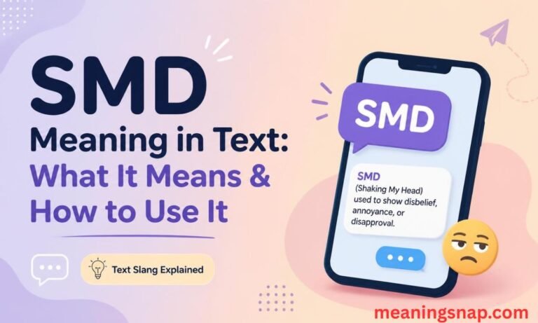 Smartphone displaying SMD definition next to an unamused emoji under title SMD Meaning in Text: What It Means & How to Use It.