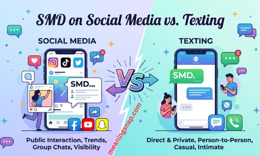 Split-screen comparison of smartphones depicting social media feeds versus direct texting under title SMD on Social Media vs. Texting.